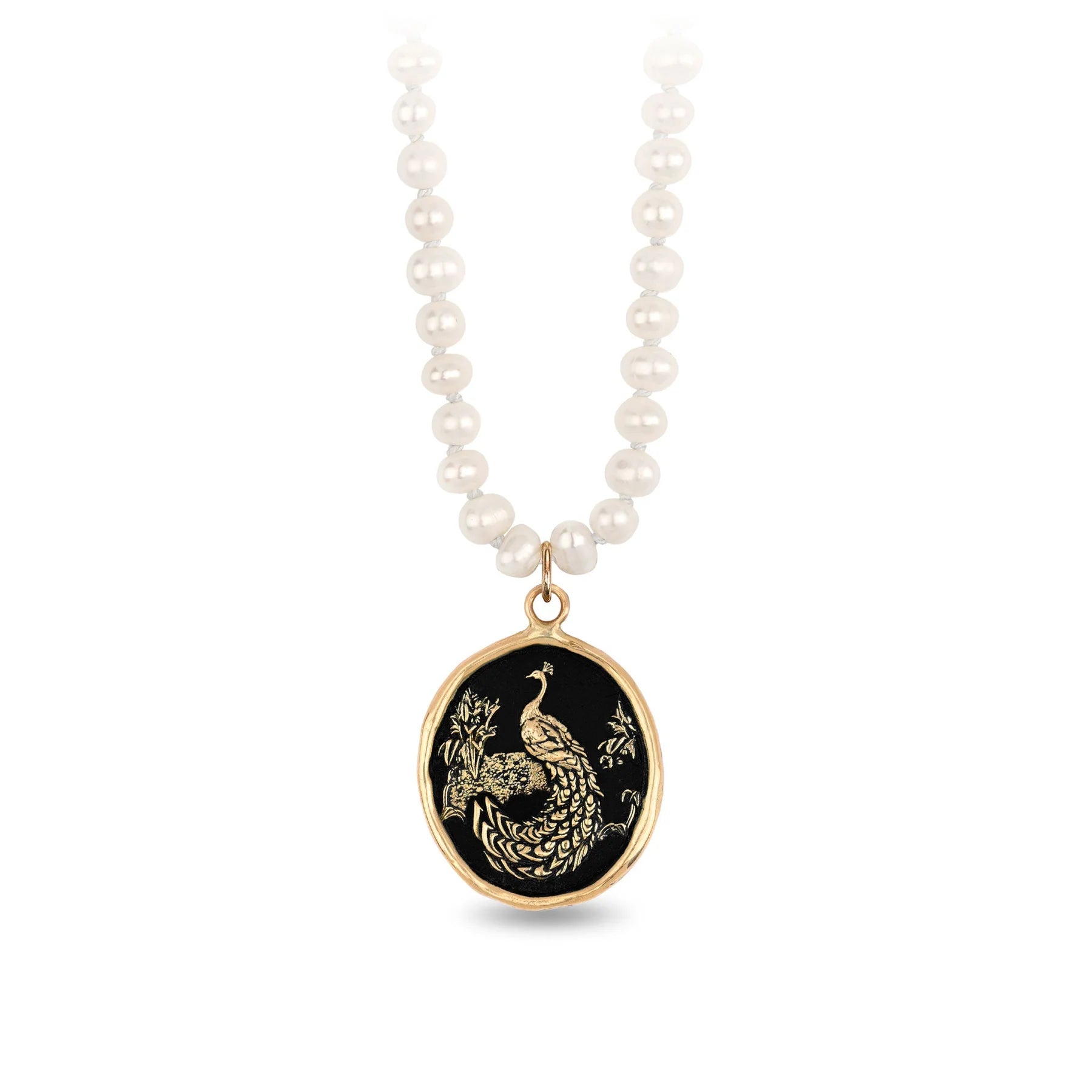 Pyrrha Peacock 14k Gold Talisman on Knotted Freshwater Pearl Necklace