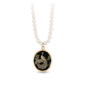 Pyrrha Peacock 14k Gold Talisman on Knotted Freshwater Pearl Necklace