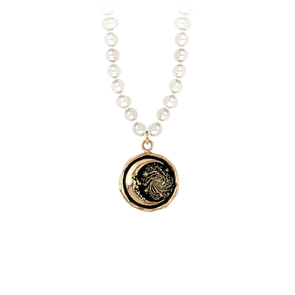 Pyrrha Trust The Universe 14k Gold Talisman on Knotted Freshwater Pearl Necklace