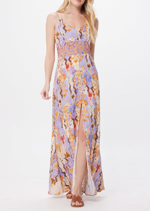 Suzy D Krystal Print Sleeveless Button Front Maxi Dress Lilac/Peach Aztec