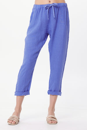 Suzy D Mikey Linen Drawstring Tapered Pants Slate Blue