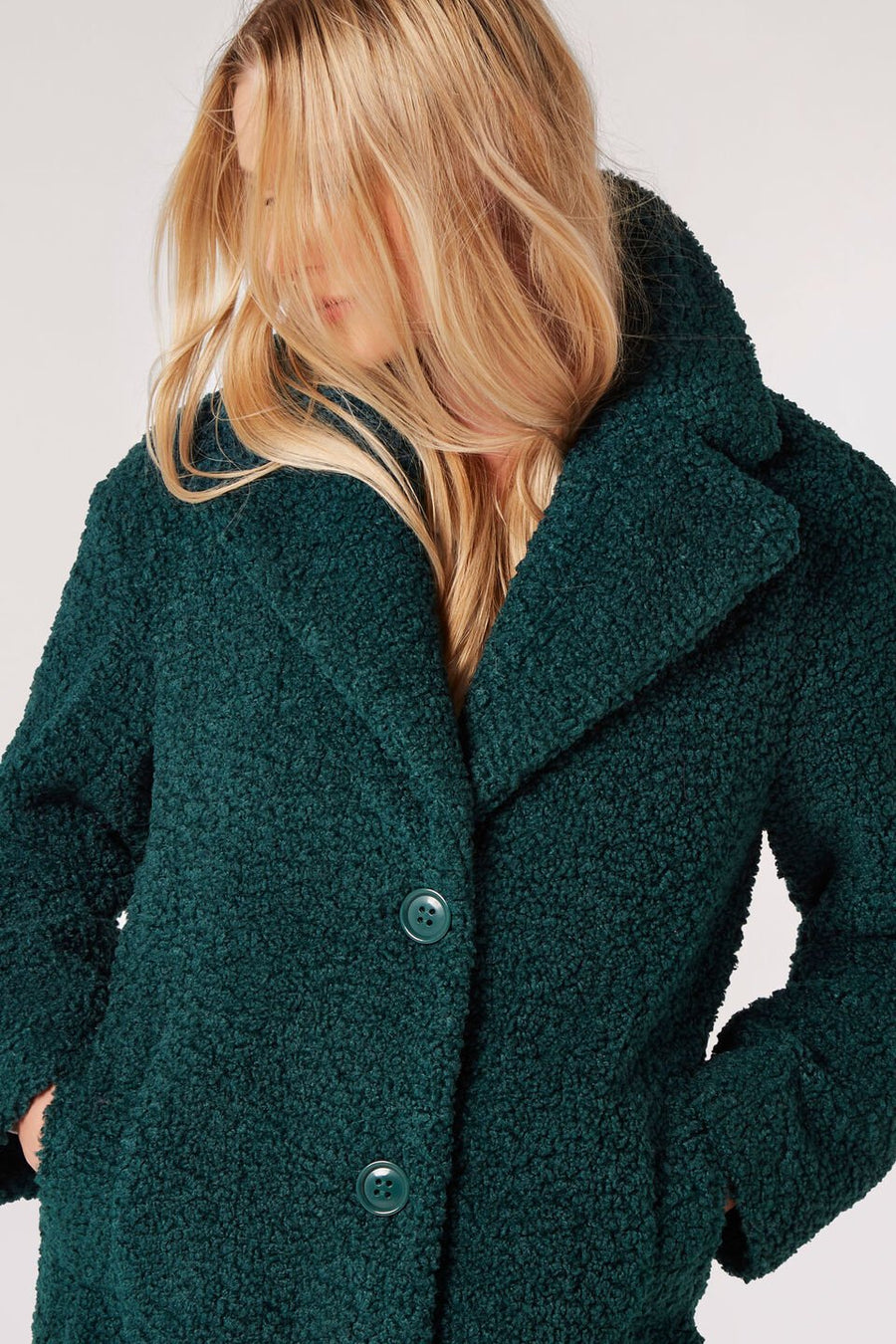 Apricot Long Single Breasted Borg Jacket Green