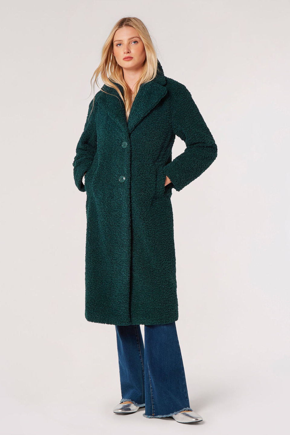 Apricot Long Single Breasted Borg Jacket Green