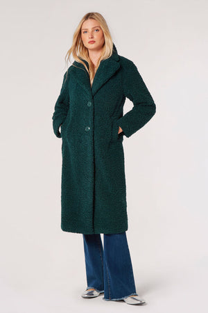 Apricot Long Single Breasted Borg Jacket Green