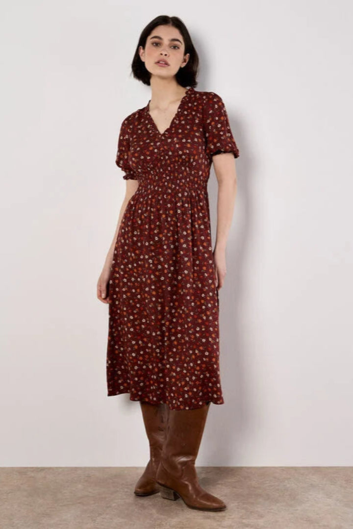 Apricot Ditsy Smocked Waist Tea Dress Burgundy
