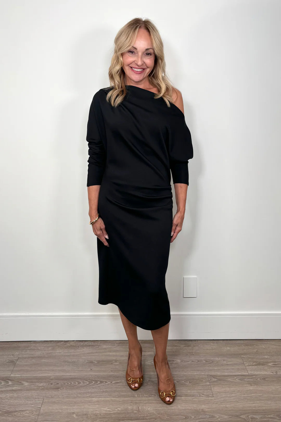 I Love Tyler Madison Demi Solid Cowl Neck Butter Midi Dress Black