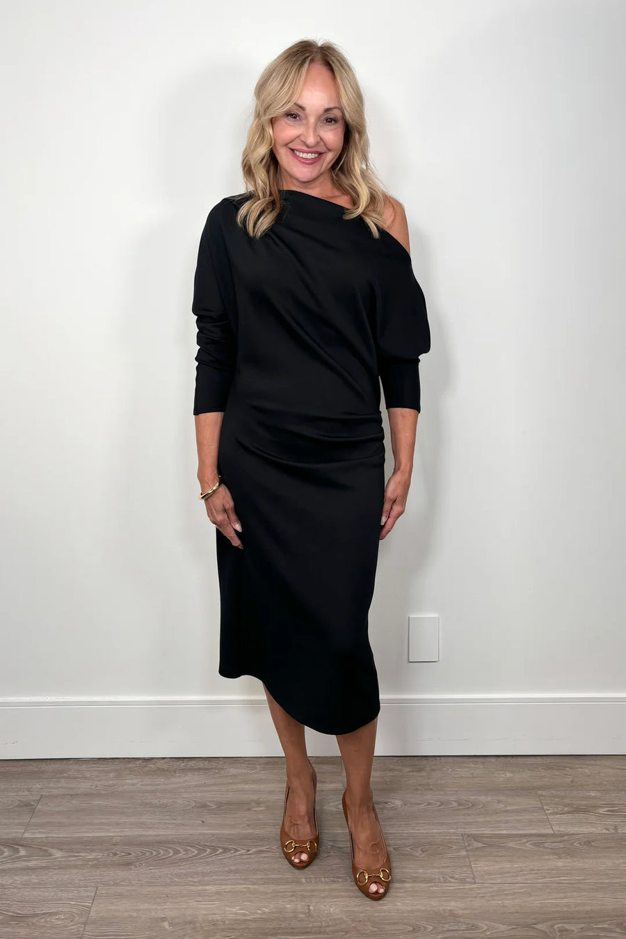 I Love Tyler Madison Demi Solid Cowl Neck Butter Midi Dress Black