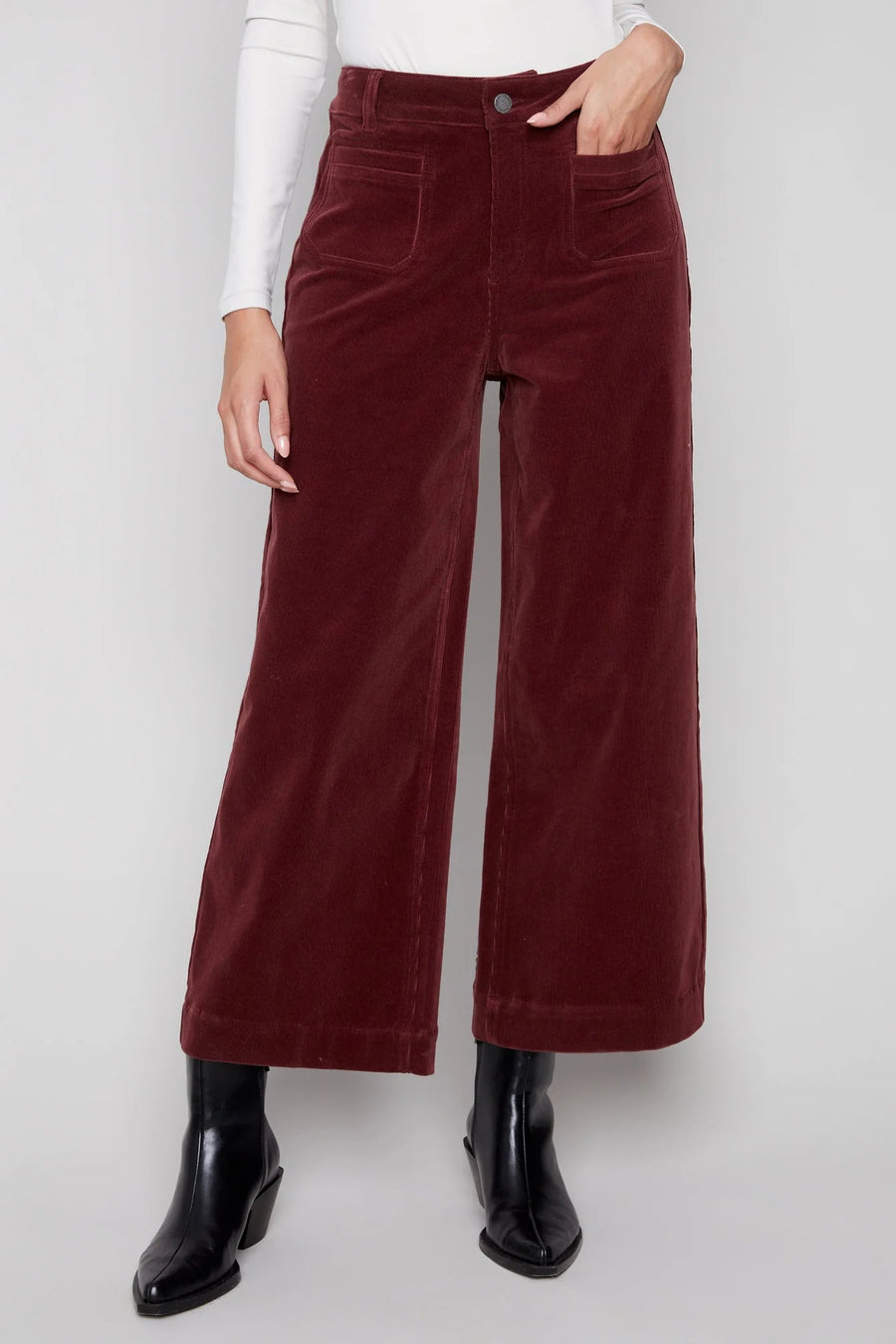 Charlie B Cropped Patch Pocket Flare Corduroy Pants Cabernet