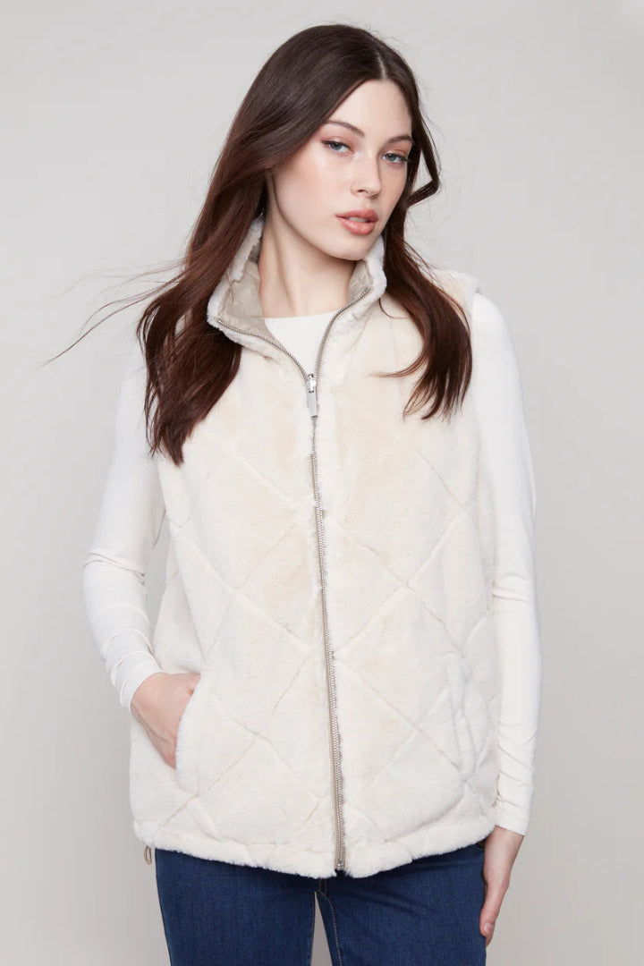 Charlie B Reversible Nylon Faux Fur Vest Greige