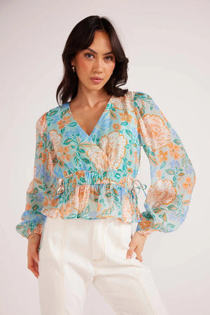 Mink Pink Evelyn Wrap Blouse Mint/Floral