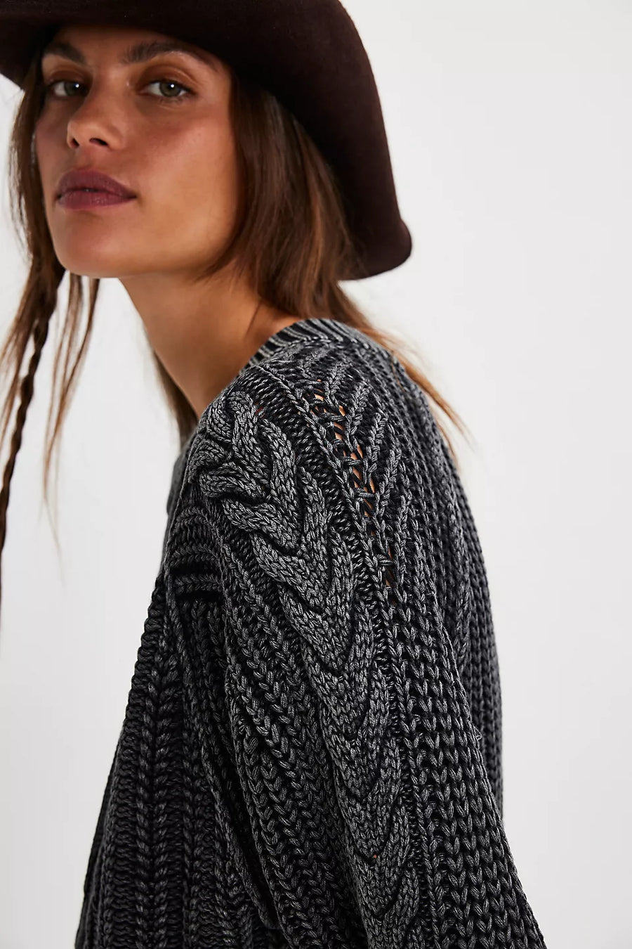 Free People Frankie Cable Sweater Black