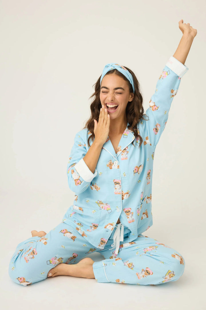 PJ Salvage Beary Cute Bear Print Flannel Set Ice Blue
