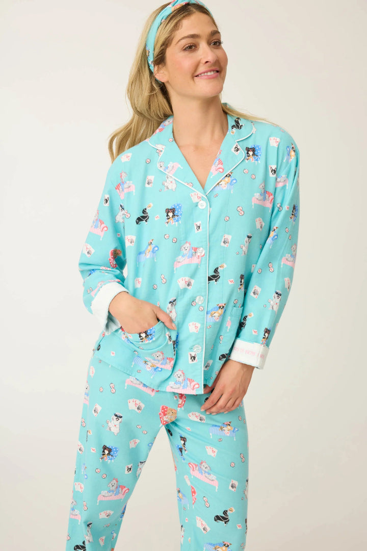 PJ Salvage This Is How I Roll Dog Print Flannel Set Turquoise