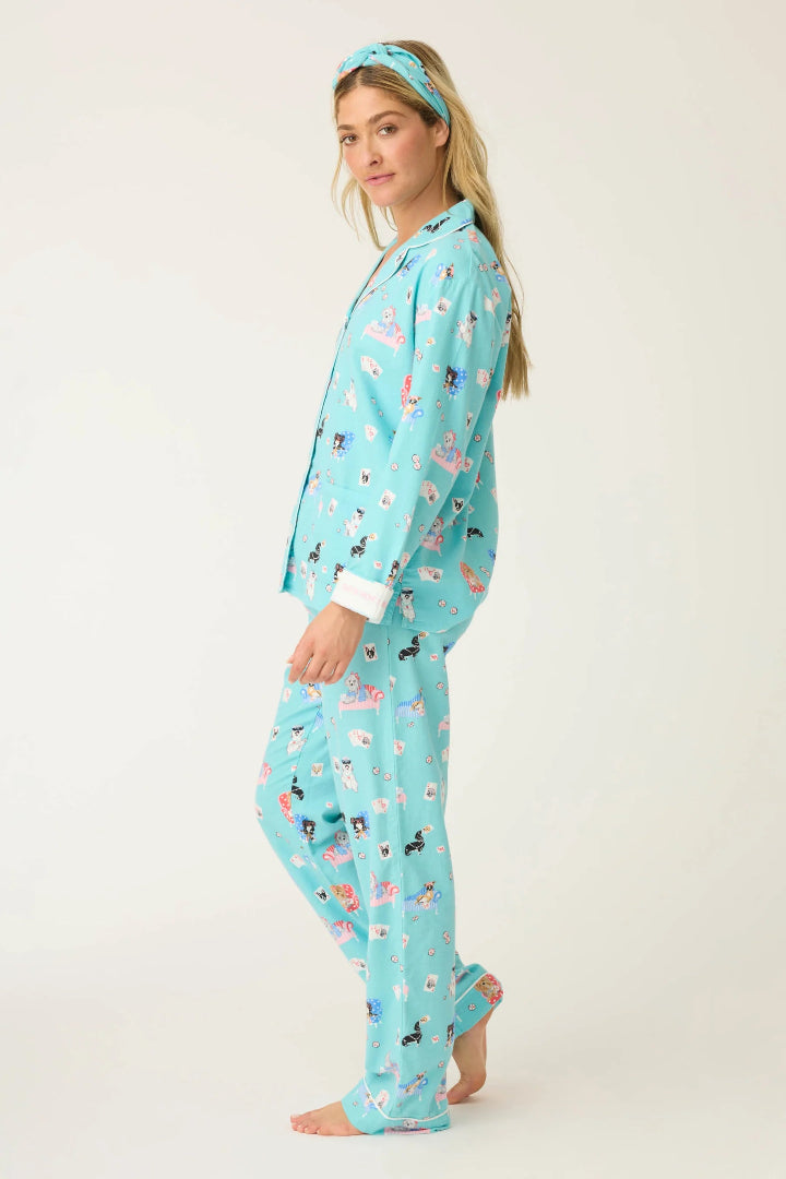 PJ Salvage This Is How I Roll Dog Print Flannel Set Turquoise