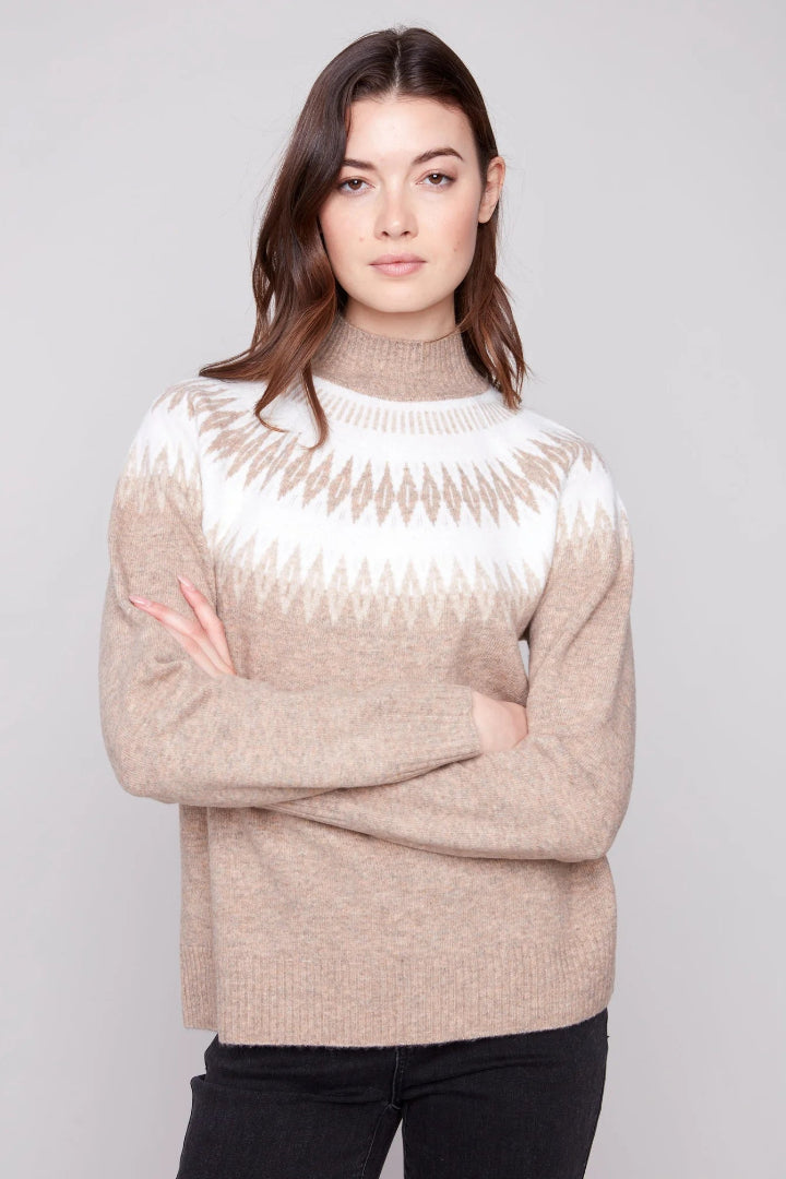 Charlie B Jacquard Mock Neck Raglan Sweater Beige