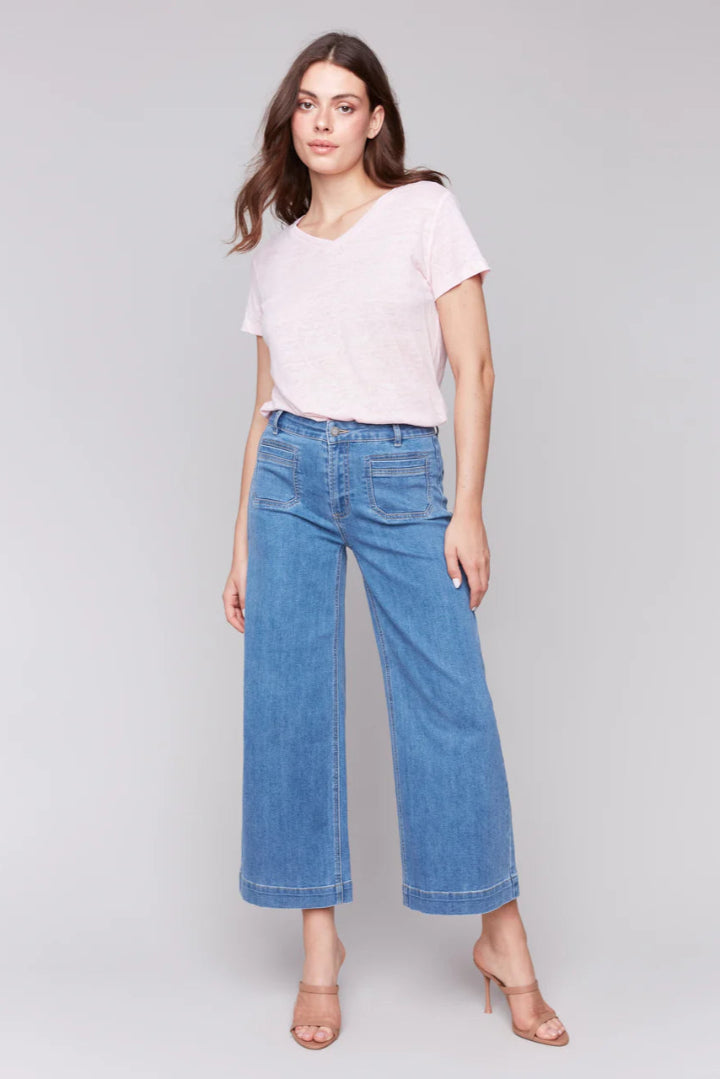Charlie B Cropped Patch Pocket Flare Denim Medium Blue