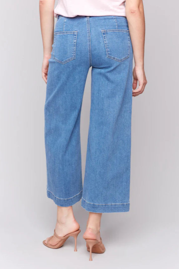 Charlie B Cropped Patch Pocket Flare Denim Medium Blue