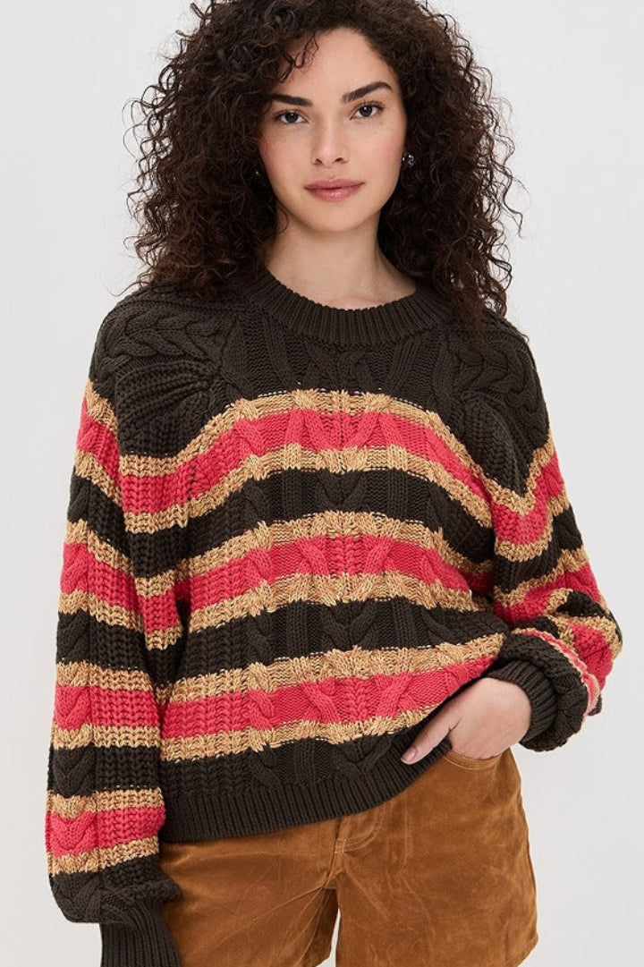 Free People Frankie Cable Stripe Sweater Chocolate Combo