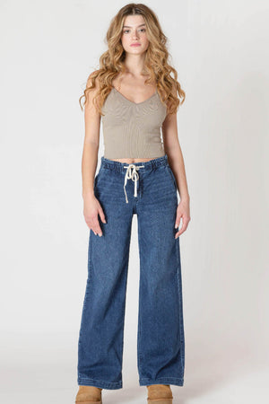 Room 34 By Dex Wide Leg Knit Denim Pant Dark Denim Wash