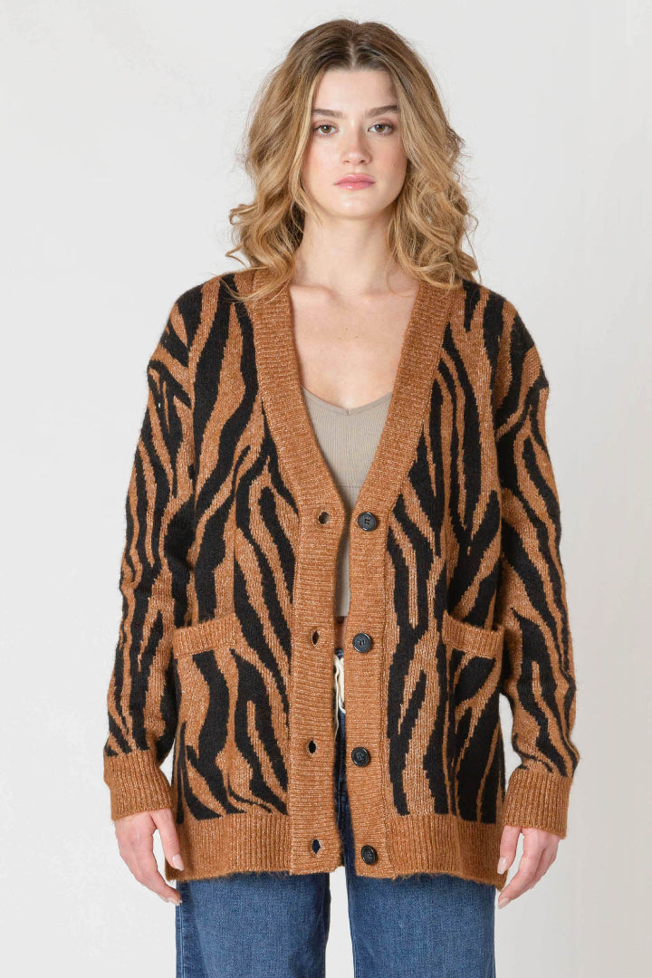 Room 34 Button Front Patterned Cardigan Tiger