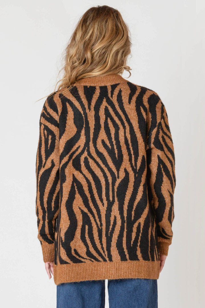 Room 34 Button Front Patterned Cardigan Tiger