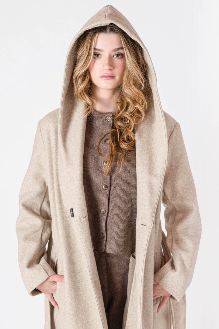 Room 34 Belted Hooded Coat Stone