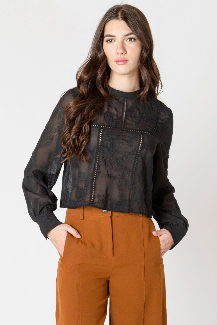Black Tape Embroidered Lace Insert Top Black