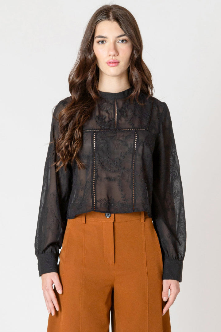 Black Tape Embroidered Lace Insert Top Black