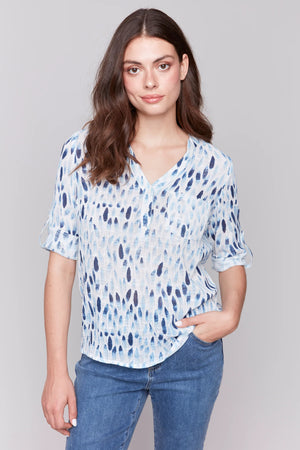 Charlie B Printed Roll Up Sleeve Cotton Gauze Blouse Blue