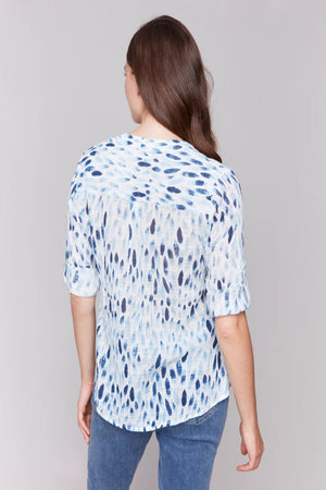 Charlie B Printed Roll Up Sleeve Cotton Gauze Blouse Blue