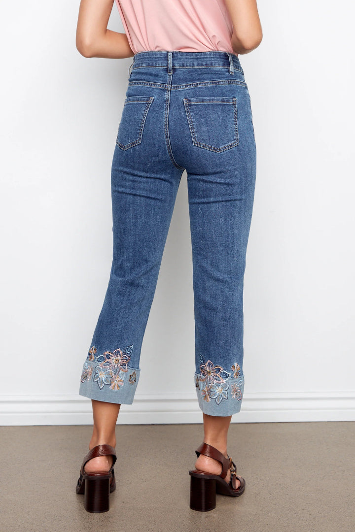 Charlie B Cropped Stretch Denim Pants Embroidered Cuff Medium Blue