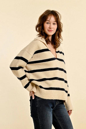 Molly Bracken Knitted Striped Polo Sweater Ecru