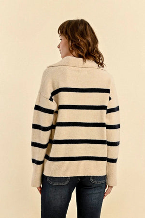 Molly Bracken Knitted Striped Polo Sweater Ecru