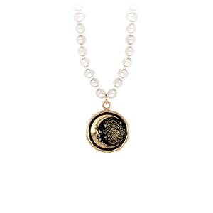 Pyrrha Trust The Universe 14k Gold Talisman on Knotted Freshwater Pearl Necklace