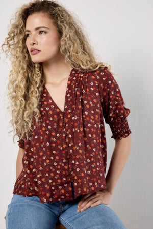 Apricot Ditsy Button Through Smocked Top Burgundy