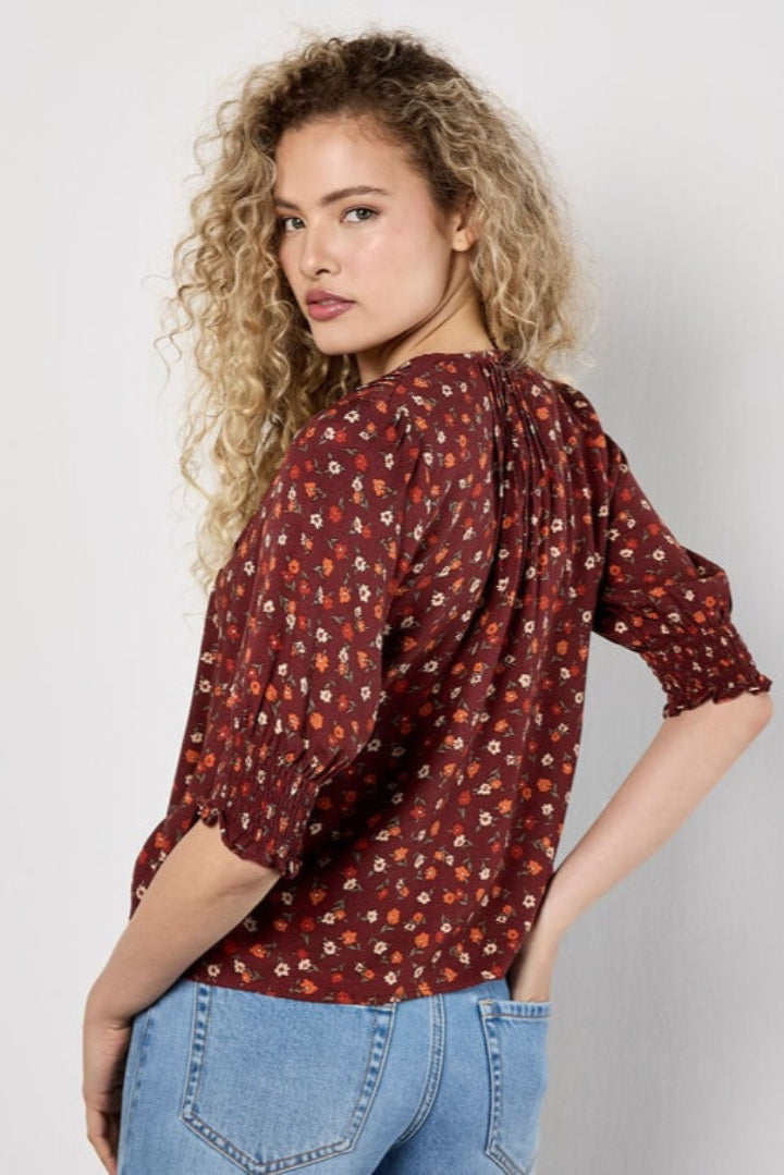 Apricot Ditsy Button Through Smocked Top Burgundy