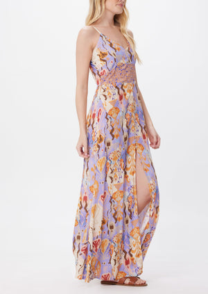 Suzy D Krystal Print Sleeveless Button Front Maxi Dress Lilac/Peach Aztec