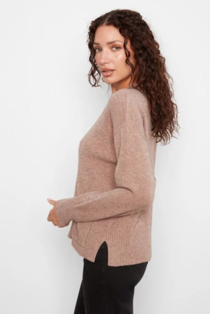 Charlie B Crew Neck Cropped Sweater Pocket Taupe
