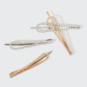 Metal Rhinestone Drop Bobby Pins 4pc Set - Gold/Silver