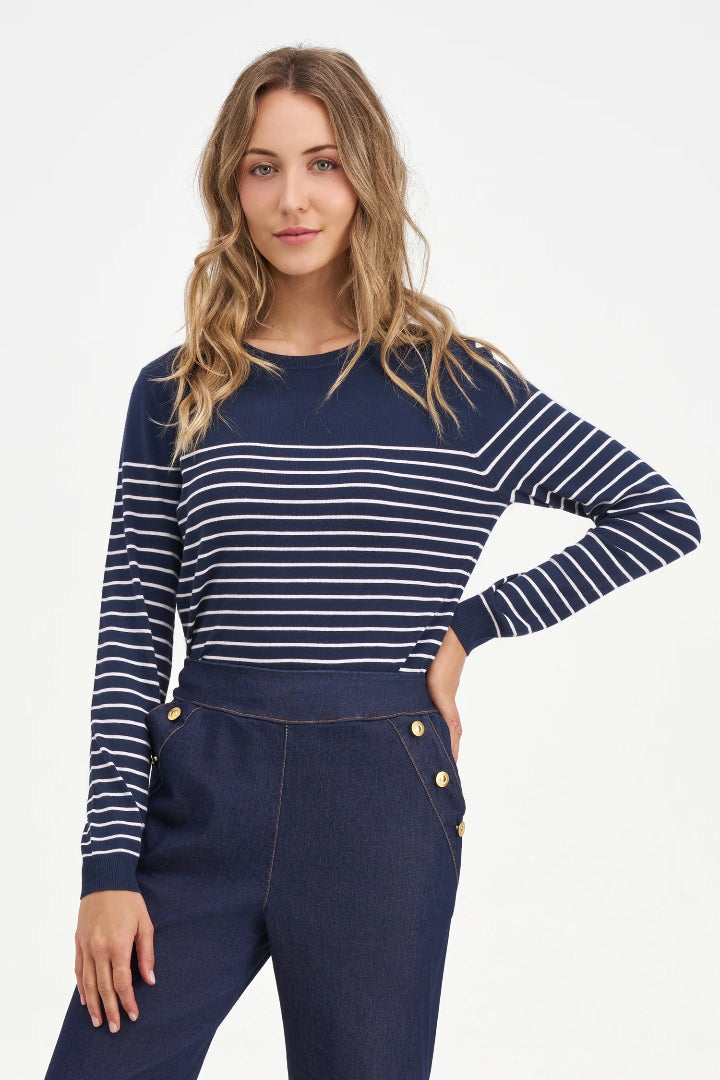 Made In Italy Women's Knit Sweater Navy Stripes