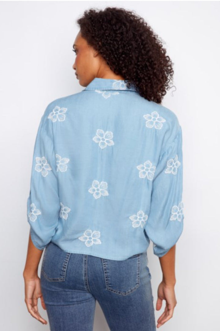 Charlie B Embroidered Tencel Blouse Front Tie Lt. Blue
