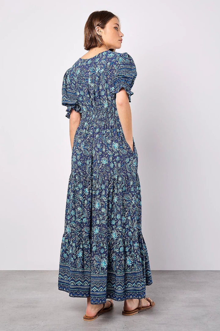Apricot Sarasa Border Placement Button Detail Dress Navy