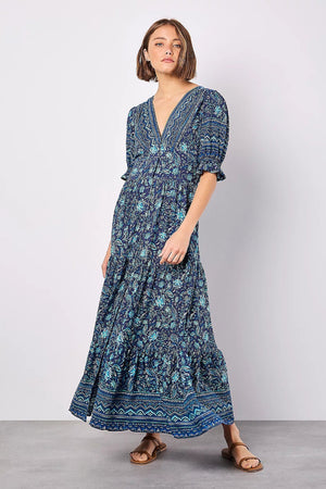 Apricot Sarasa Border Placement Button Detail Dress Navy