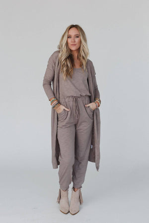 Set to Go Textured Jumpsuit And Cardigan Set - Mocha