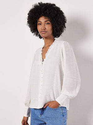 Apricot Ruffle Neck Button Through Blouse White