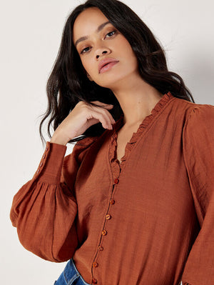 Apricot Ruffle Neck Button Through Blouse Rust