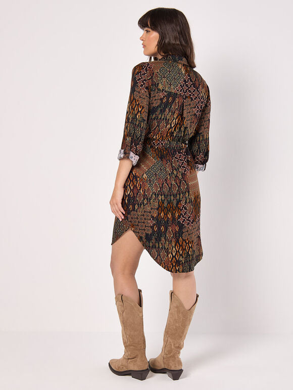 Apricot Tribal Ikat Patchwork Shirt Dress Black