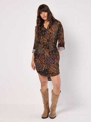 Apricot Tribal Ikat Patchwork Shirt Dress Black