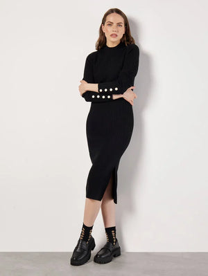 Apricot Button Sleeve Ribbed Column Midi Dress Black