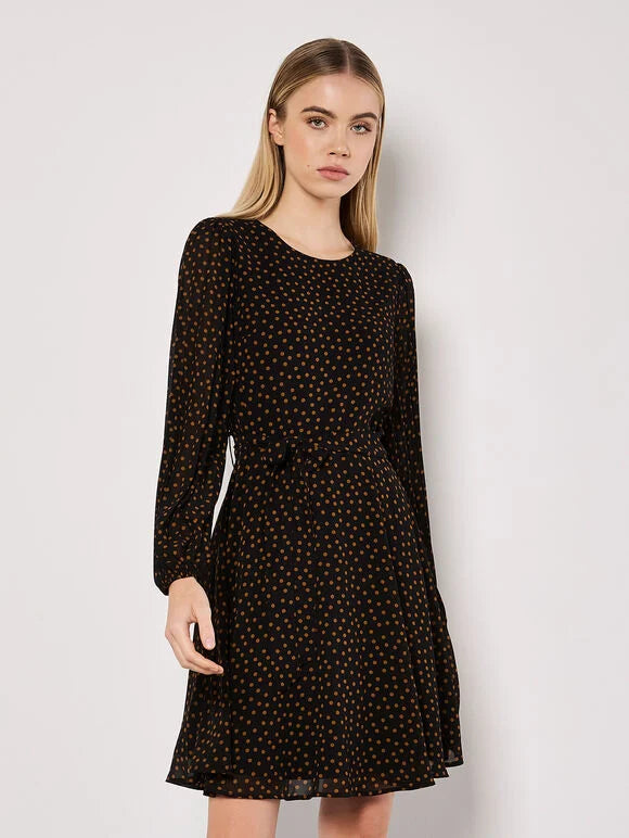 Apricot Pleated Sleeve Polkadot Dress Black